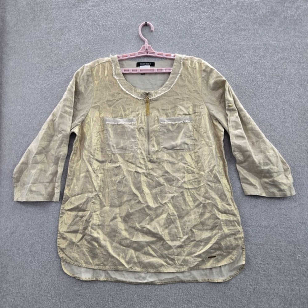 Ellen Tracy Women Blouse 1X Gold Linen Zipper Frayed Edge Scoop Neck Zip Front